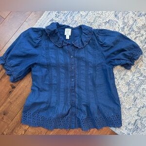 Gap x Dôen Blue Eyelet Puff Sleeve Top Size Small Sold Out
